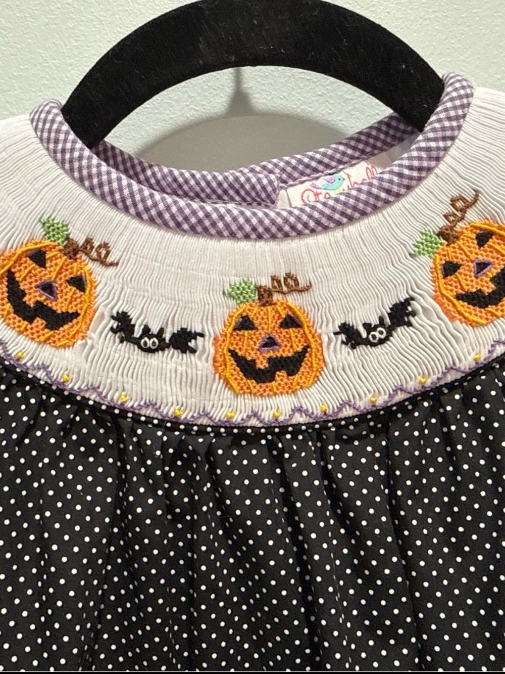 Stellybelly Smocked Halloween Black Polka Dot Pumpkin Bishop Dress Girls 3T